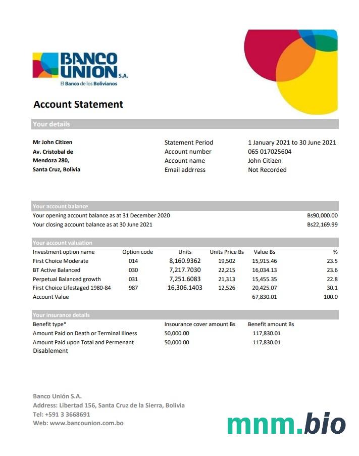 Szablon wyciągu bankowego Boliwii Banco Ganadero, format Word i PDF